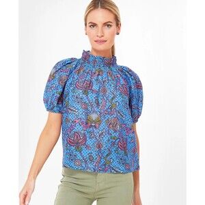 Roller Rabbit Blue Amanda Star Ansley Top Size Large Short Sleeve Mockneck